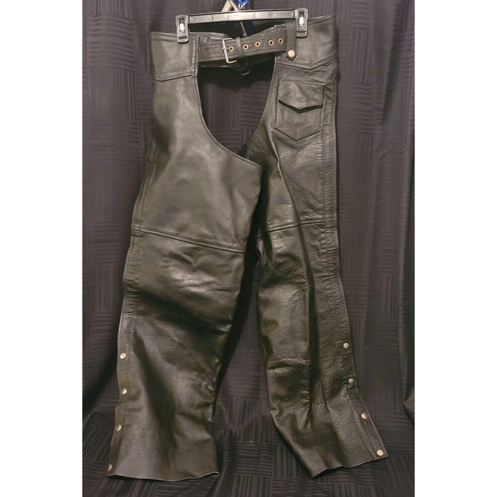 Vintage Zony Inc. Unisex XL Black Leather Biker Chaps Harley Style Snap Zipper